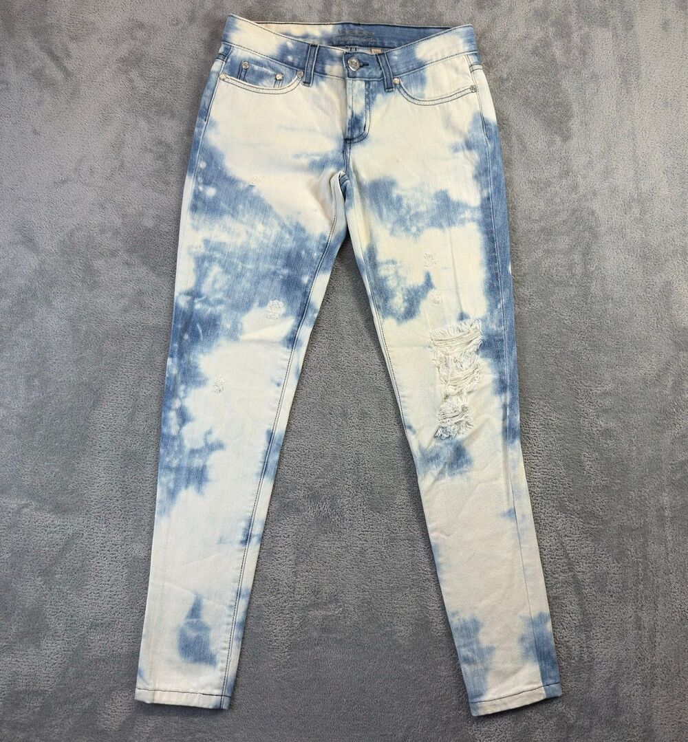Bebe Jeans Womens 26 Blue White Tie Dye Bleach Wash Distressed Denim Y2K Vintage